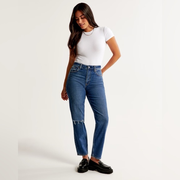 Abercrombie & Fitch High Rise Blue Jeans with Distressed Knee - Picture 4 of 8